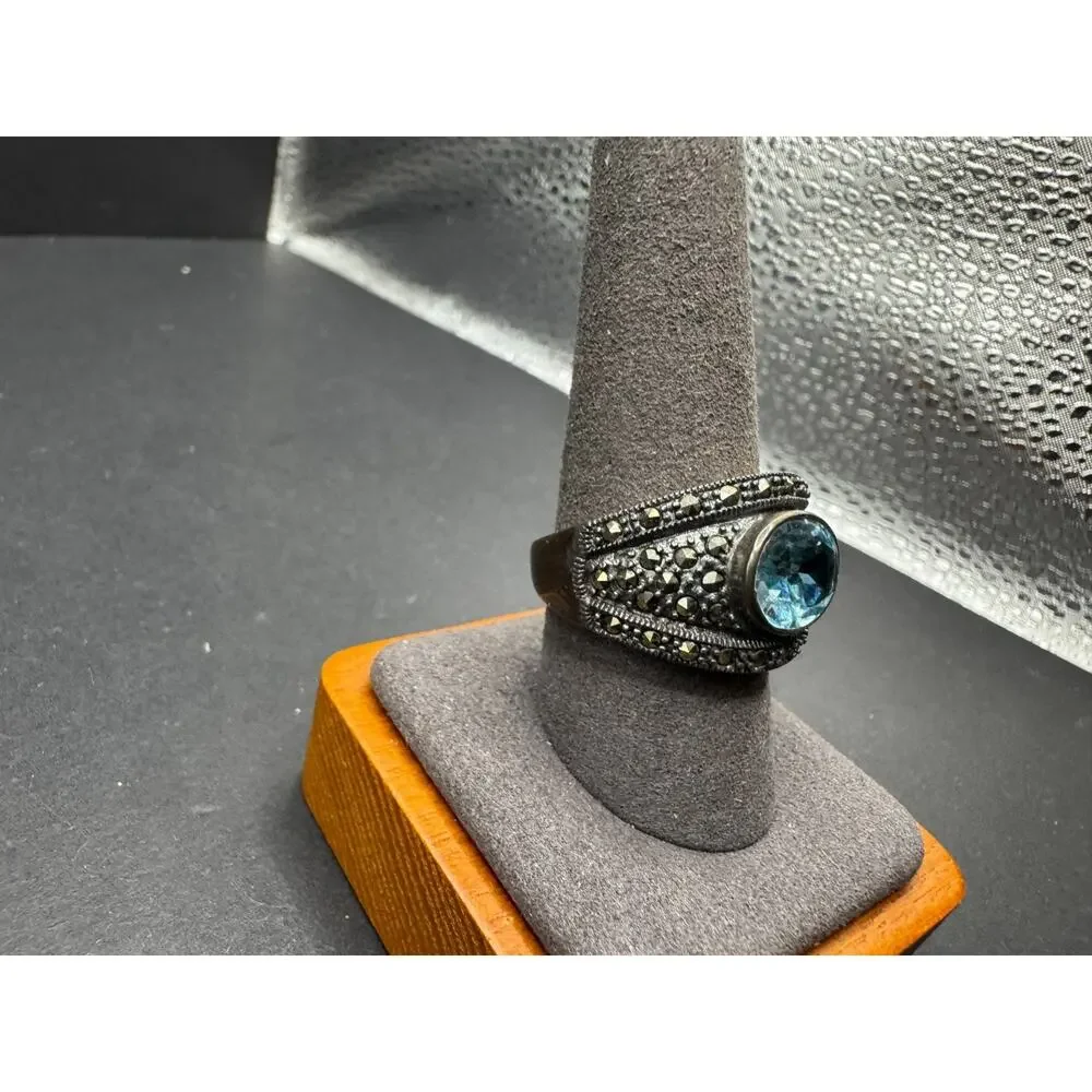 Vtg Thai 925 Sterling Silver Light Blue Sapphire & Marcasite Chunky Ring Sz 10